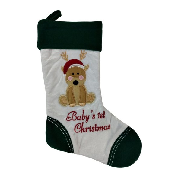 Holiday Home Babys 1st Christmas Reindeer 14 in Green Christmas Stocking New - Picture 1 of 5